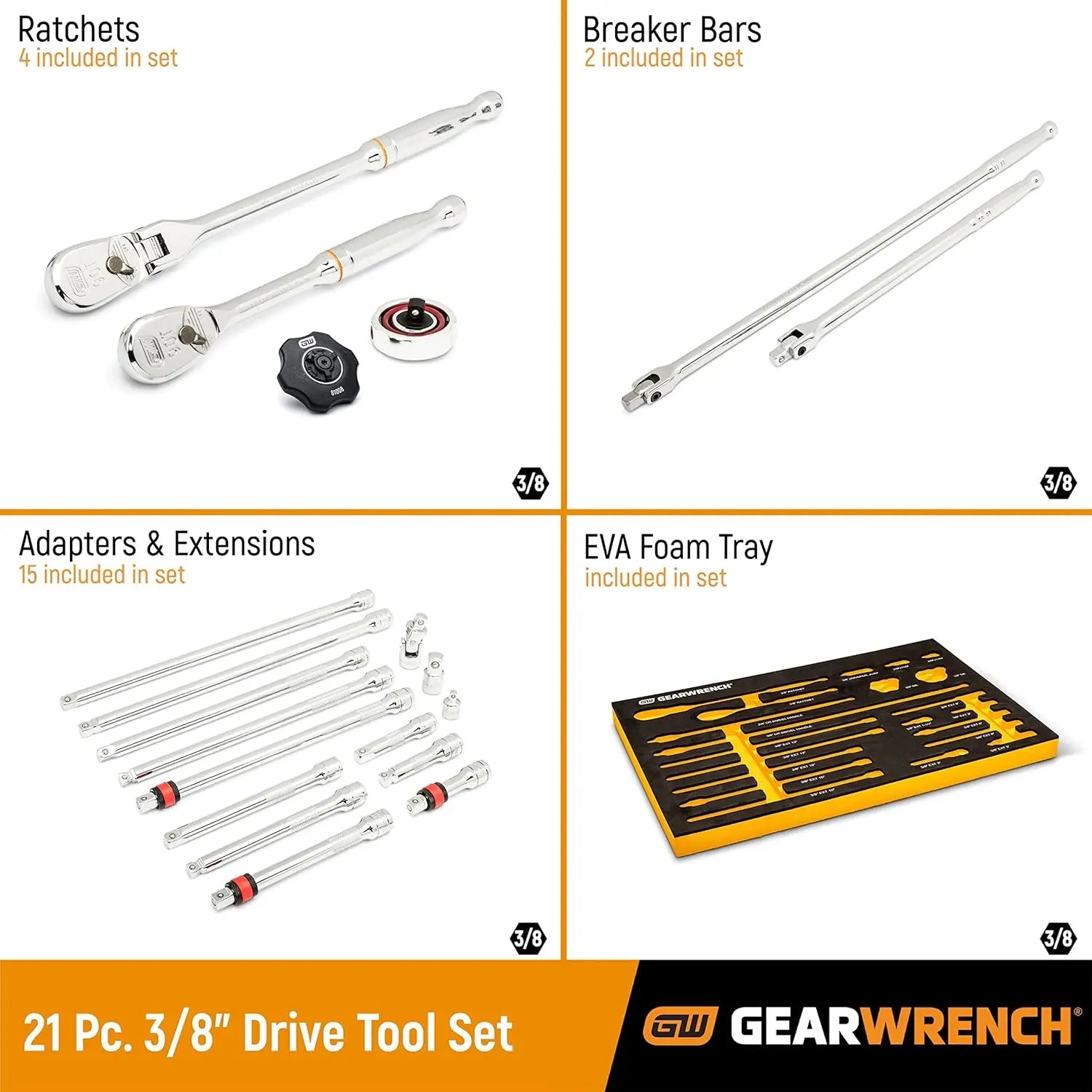 GEARWRENCH 21 Piece 3/8" 90T Ratchet & Drive Tool Set with EVA Foam Tray - 86521