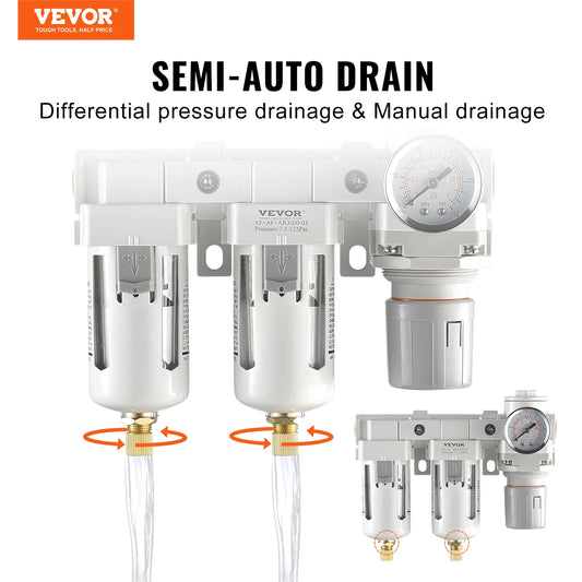 VEVOR Air Compressor Filter 3/8" NPT Double Stage Semi-Auto Oil Water Separator Drain Air Drying System Pneumatic Air Regulator