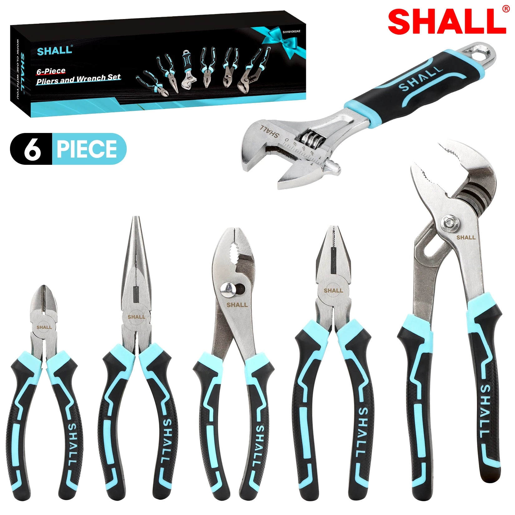 SHALL Pliers Tool Set 6-Piece Diagonal Cutting/Long Nose/Linesman /Slip-Joint/Groove-Joint Pliers Set with Adjustable Wrench