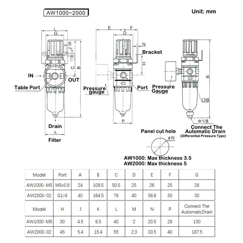 AW2000-02 AW3000-03 AW4000-04 Compressor Air Filter Controller Oil Seperator Filters Pneumatic Air Pressure Regulator