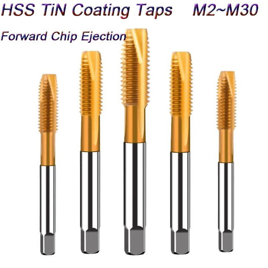 Titanium Coated High Speed Steel Spiral Point Plug Thread Screw Tap Tool Set Forward Chip Ejection Round Shank Taps and Dies
