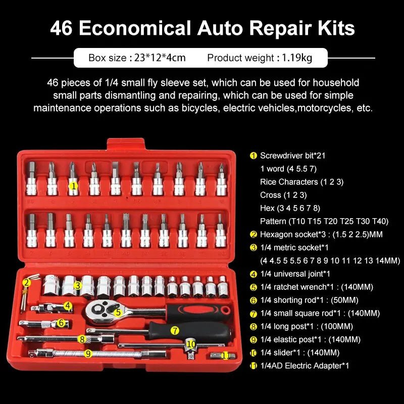 46pcs Car Repair Tool Kit 1/4-Inch Socket Set Car Repair Tool Ratchet Torque Wrench Combo Auto Repairing Set Mechanic Tool