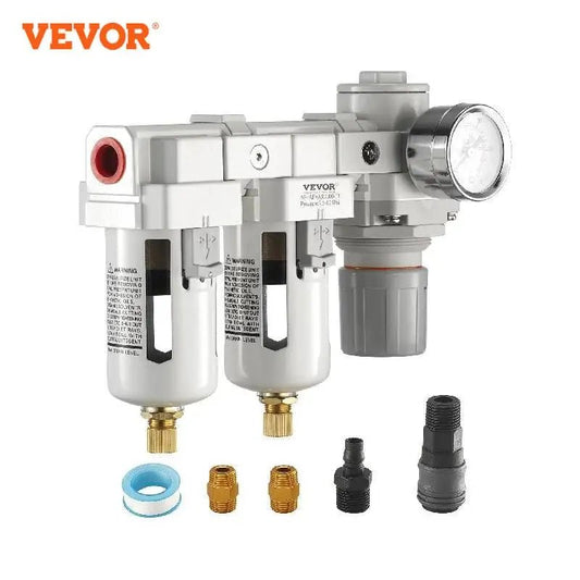 VEVOR Air Compressor Filter 3/8" NPT Double Stage Semi-Auto Oil Water Separator Drain Air Drying System Pneumatic Air Regulator