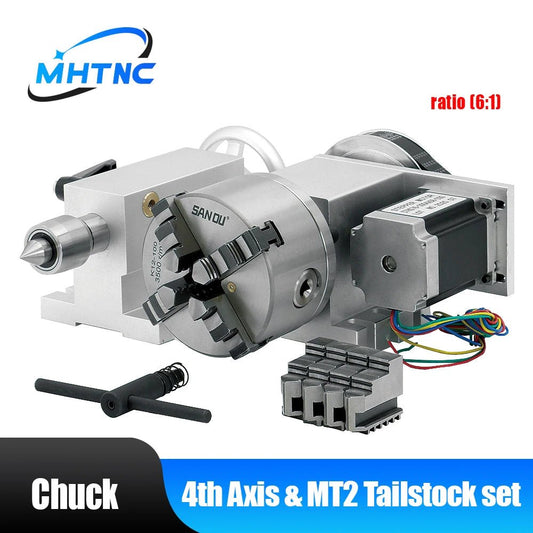 RU EU 4th Axis A axis Nema 23 Stepper Motor 257ozin ratio (6:1) K12-100mm 4-Jaw Chuck Rotary Axis +MT2 Tailstock + DM556 For CNC