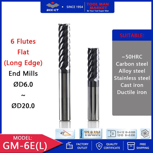 ZCCCT GM-6E GM-6EL  Solid Carbide 6 Flutes Flat End Mills Straight Shank Long Cutting Edge 6mm 8mm 10mm 16mm 18mm 20mm